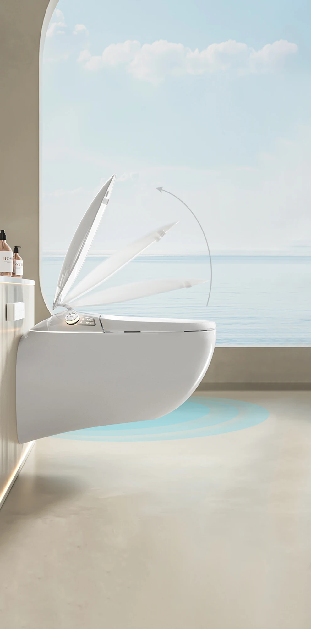 Toalete inteligente montado na parede, tampa automática, sensor de pé, pressão de água nivelada, impulsionador, mãos livres, banheiro inteligente