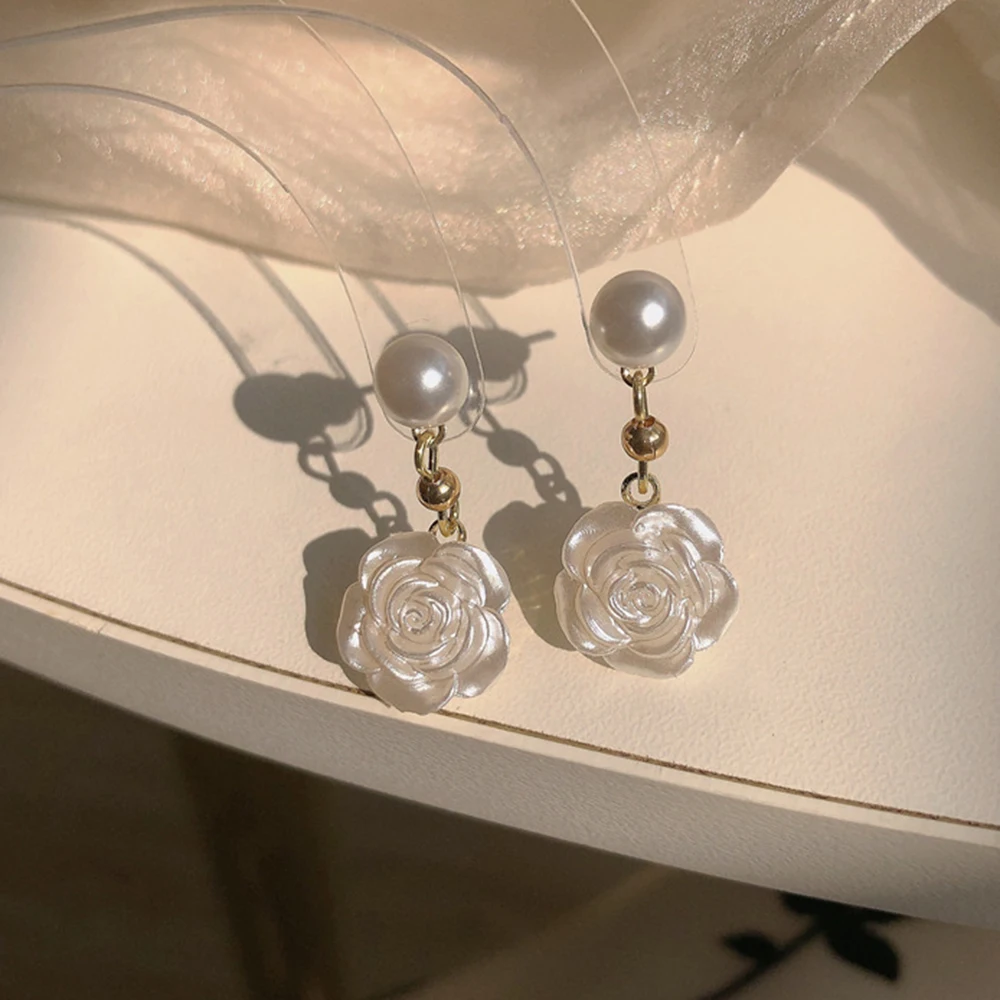 

Fashion Rose Drop Earrings White Pearl New in Earrings Temperament women Jewelry Valentine's Day Birthday Party Gifts