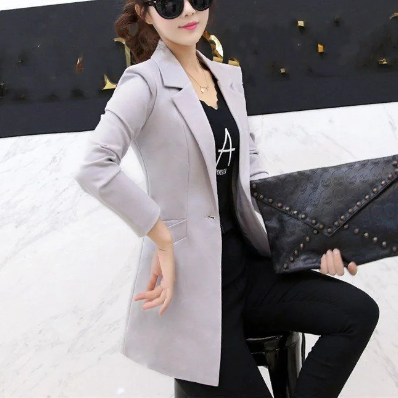 Women Spring Autumn Korean New Small Suit Commute Fashion Look Thinner Button Splicing Versatile Long Sleeved Mid Length Coat