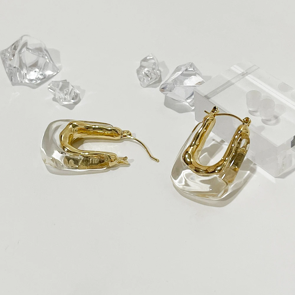 Peri'sBox مبالغ فيها الراتنج الشفاف على شكل حرف U هوب القرط للنساء كبير الاكريليك غير النظامية هندسية خمر Huggie القرط #4