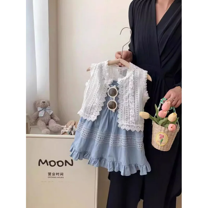 

Girls' Summer Lace Cardigan Shawl+Strappy Dress New Children's Summer Girl Baby Two-Piece Set