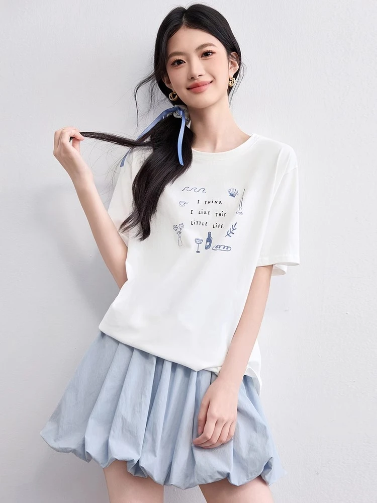 

SENTUBILA Printed Short-sleeved T-shirt Women's 2025 Summer Simple O-neck Dropped-shoulder Loose Fit Knitted Tops W52TE2465