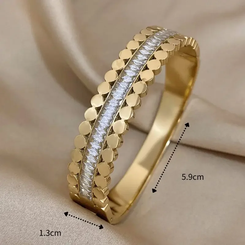 Greatera Chunky Gold Plated Stainless Steel White Cubic Zirconia Cuff Bracelet Bangle for Women Waterproof Charm Jewelry