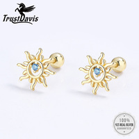 Trustdavis Real 925 Sterling Silver Stud 2022 Fashion Sun Blue CZ Beads Screw Earring For Daughter Girls Fine Jewelry DG0110