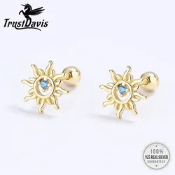 Trustdavis Real 925 Sterling Silver Stud 2022 Fashion Sun Blue CZ Beads Screw Earring For Daughter Girls Fine Jewelry DG0110