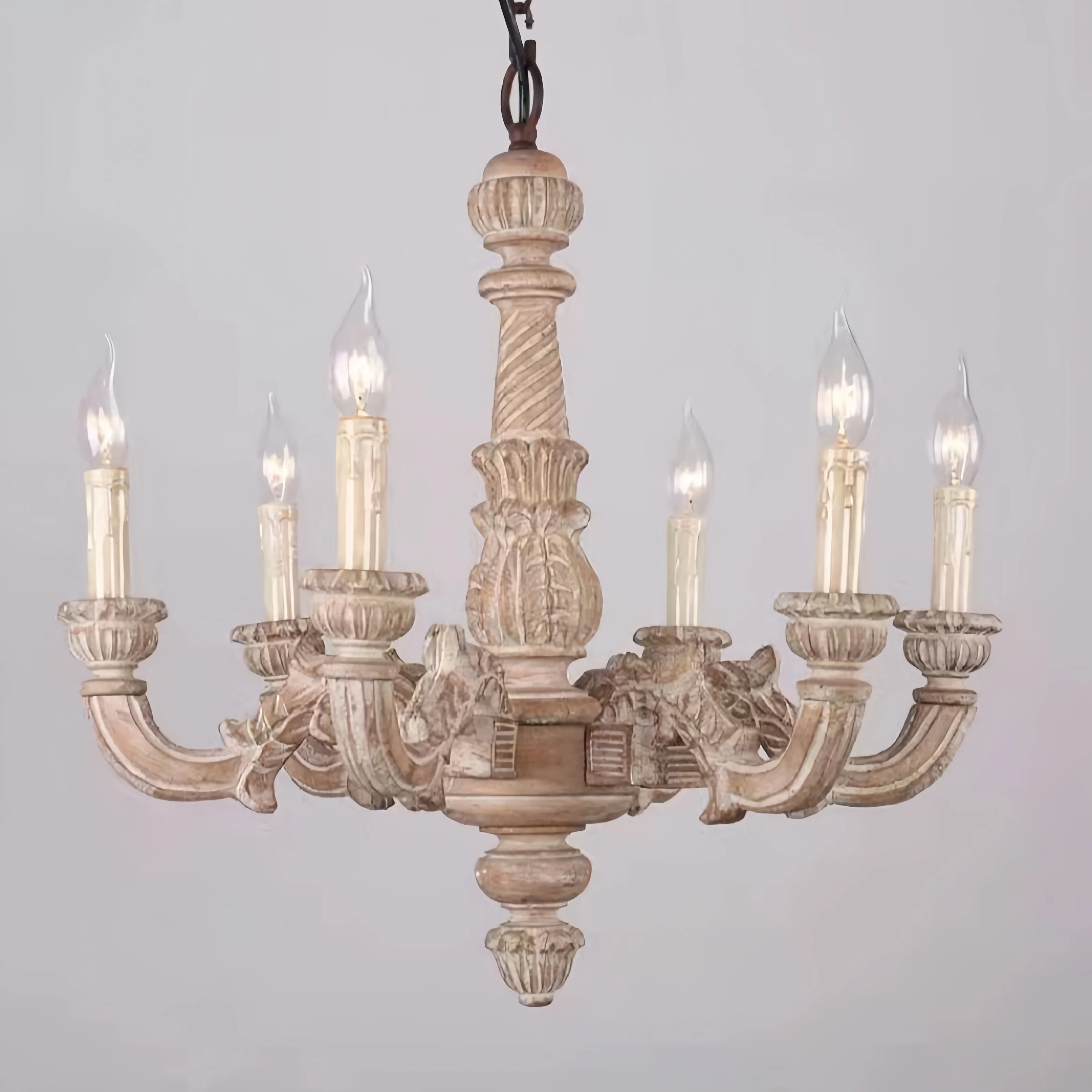Vintage French Country Chandelier, Handmade Rustic Wood Ceiling Light with Iron Accents, Farmhouse Decor