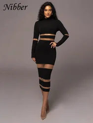 Nibber Elegant Mesh Patchwork Maxi Dress Women See Through O-Neck Full Sleeve Female Evening dresses Bodycon Vestidos Clothing