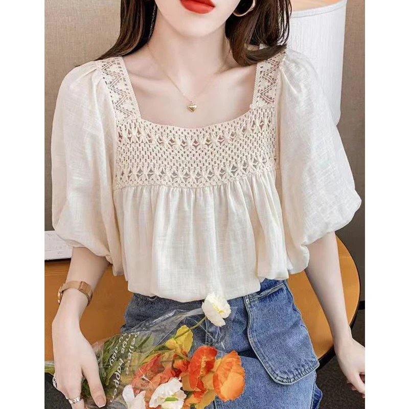 2023 Summer Korean Fashion Pure Cotton Hollow Out Blouse Ladies Literary Vintage Pullover Tops Women Puff Short Sleeve Shirt