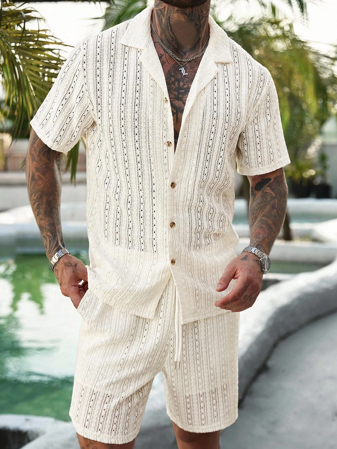 Men Crochet Knit 2 Piece Set Lapel Short Sleeve Shirt Drawstring Shorts Suit Summer Hollow‑Out Beach Vacation Outfits Male Casua view 5