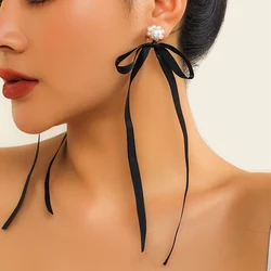 IngeSight.Z Korean Elegant Imitation Pearl Long Ribbon Bowknot Drop Earrings for Women Wedding Party Jewelry Gifts 2023 Y2K