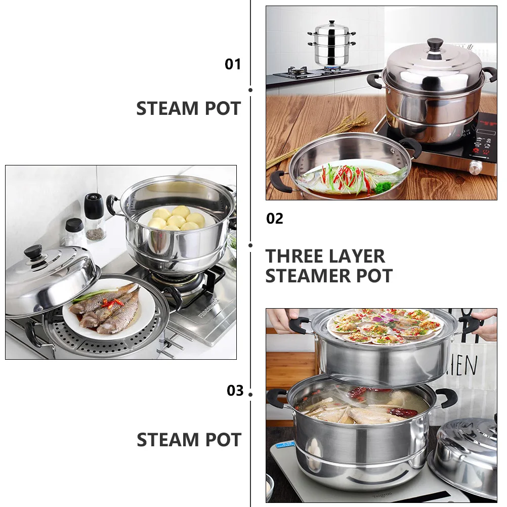 

1pc Triple Layer Pot Stainless Steel Large Capacity Foldable Storage Steam Pot Induction Gas Cooker Suitable Steam