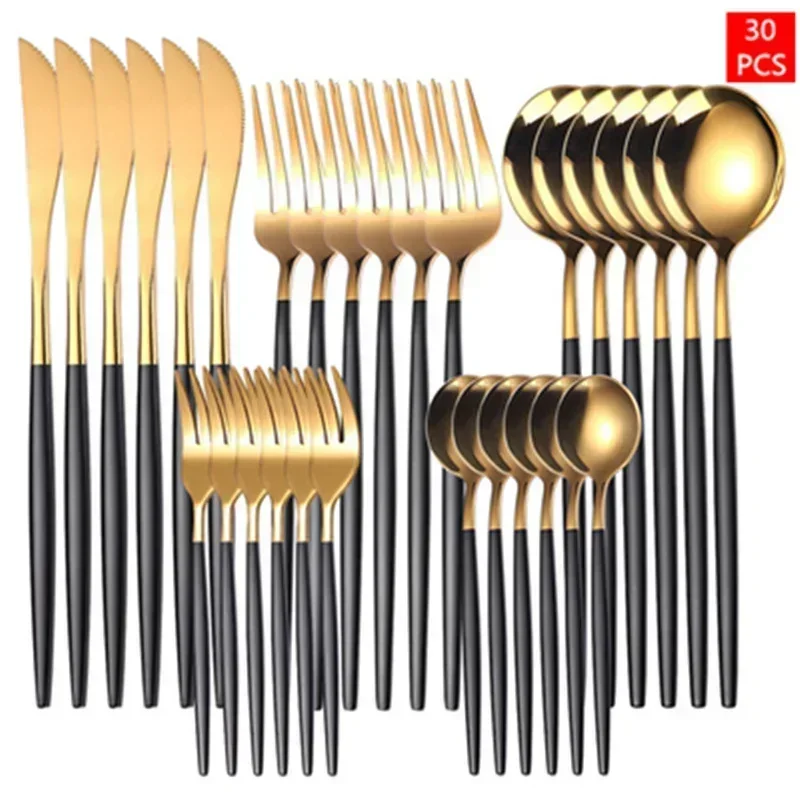 Black Gold Dinnerware Set Fruit Fork Spoon Cutlery Set Kitchen Tableware Silverware Sets 30Pcs/Set Stainless Steel Dinner