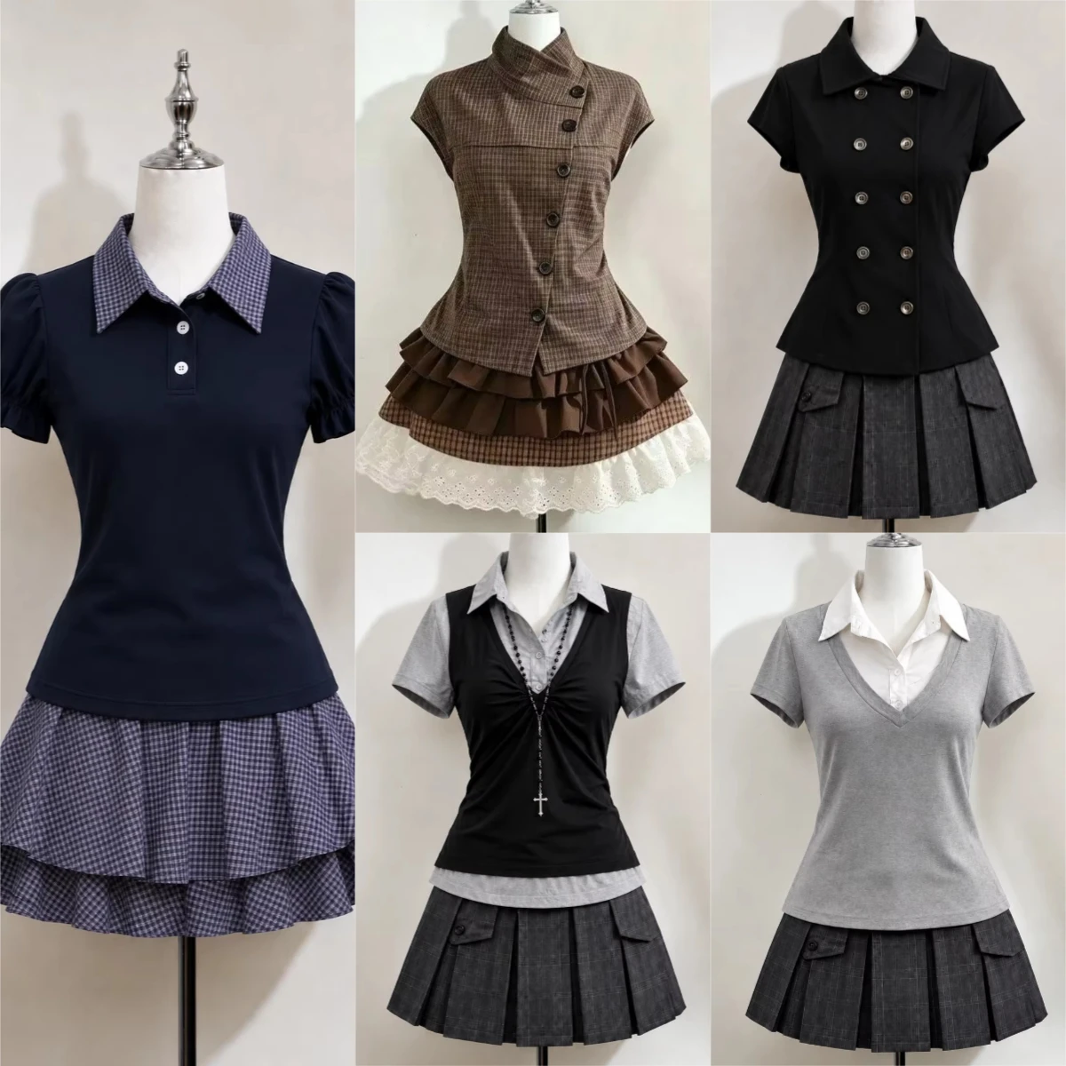 Conjunto de 2 Piezas para Mujer, Estilo Veraniego, Retro, Blusa de Manga Corta a Cuadros, Falda Plisada de Cintura Alta, Estilo Harajuku Y2K, Ropa Urbana Diaria