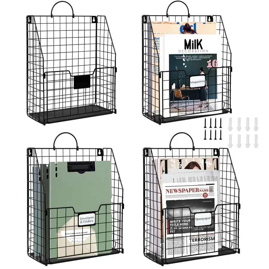 

Набор из 4 настенных органайзеров для файлов, складной настенный держатель для журналов с ручкой и слотом для бирки, металлический настенный органайзер для почты