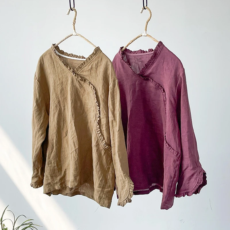 

100% Linen Women Long Sleeve Casual T-shirt New Arrival 2025 Autumn Vintage Style V-neck Plain Color Female Tops Tees M1912