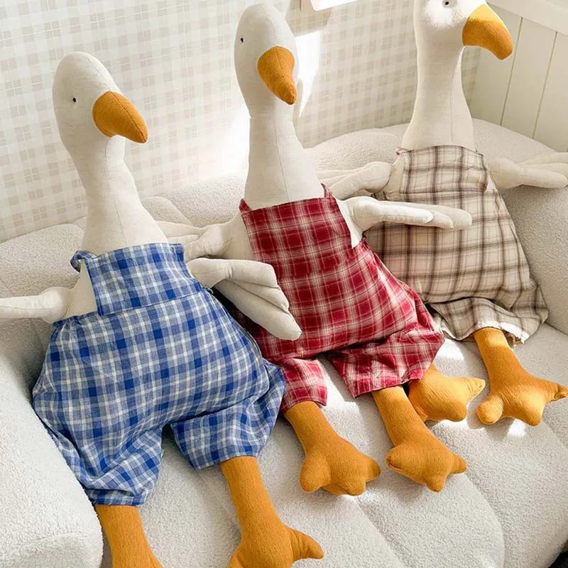 100cm Large Linen Goose Plush Doll Wear Plaid Overalls Stuffed Big Goose Pillow Soft Animal Toy Home Decor Gift