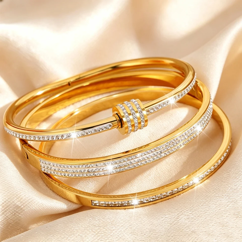 Yupsk 3pcs/set Classic Zircon Inlaid Stainless Steel Bracelet Set for Women Sparkling Crystal Stackable Bangles Jewelry