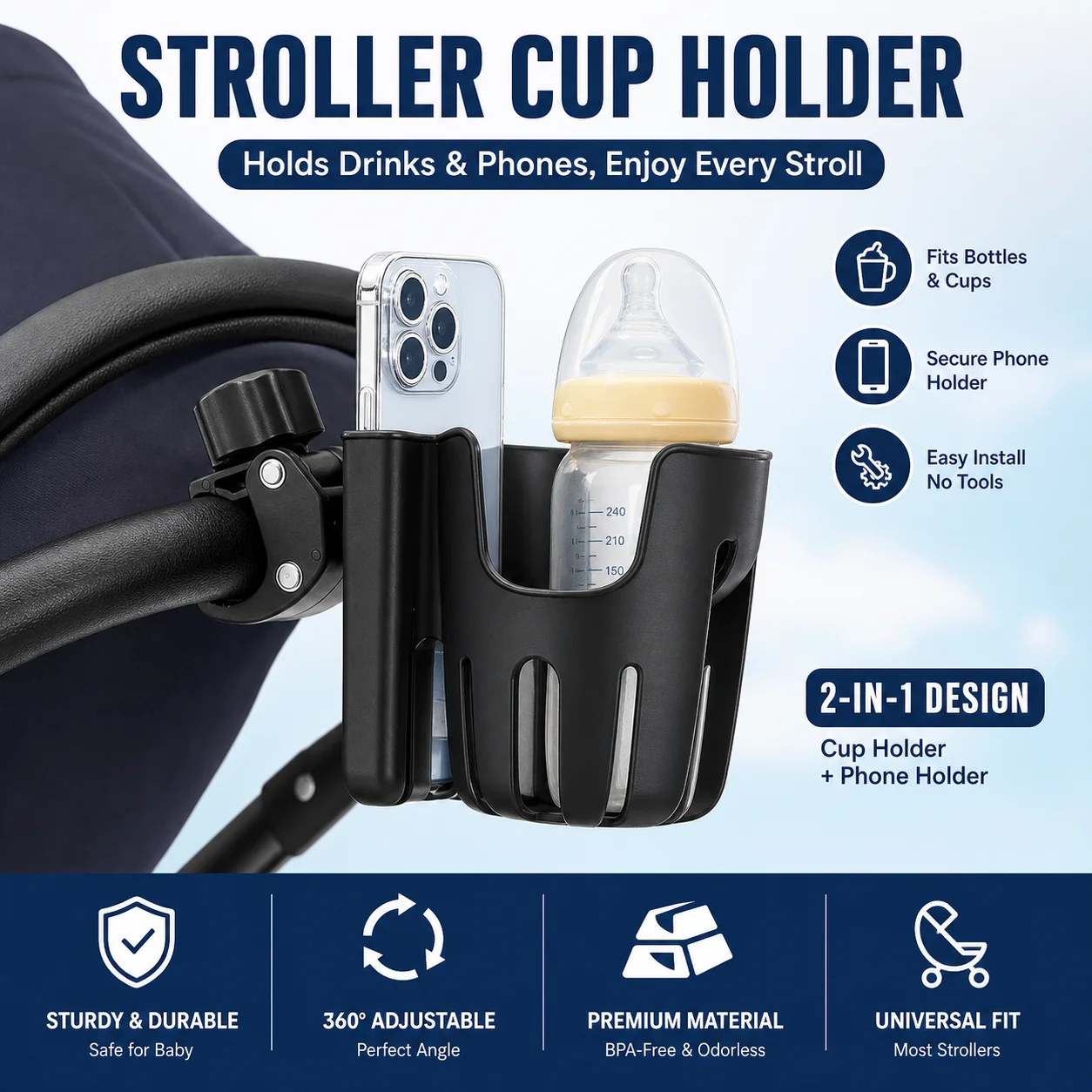 Pram Cup Holders Children's Stroller Bottle Holders Pram Bottle Holders Anti-Slip Design Pram Accessories Mobile Phone Holders