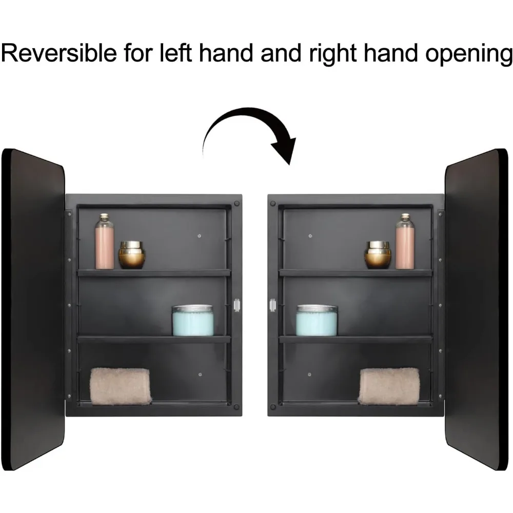 Armadietto per medicinali in plastica nera, porta a specchio con bordo smussato da incasso e armadietto per medicinali da bagno con montaggio a superficie, 16X24 pollici