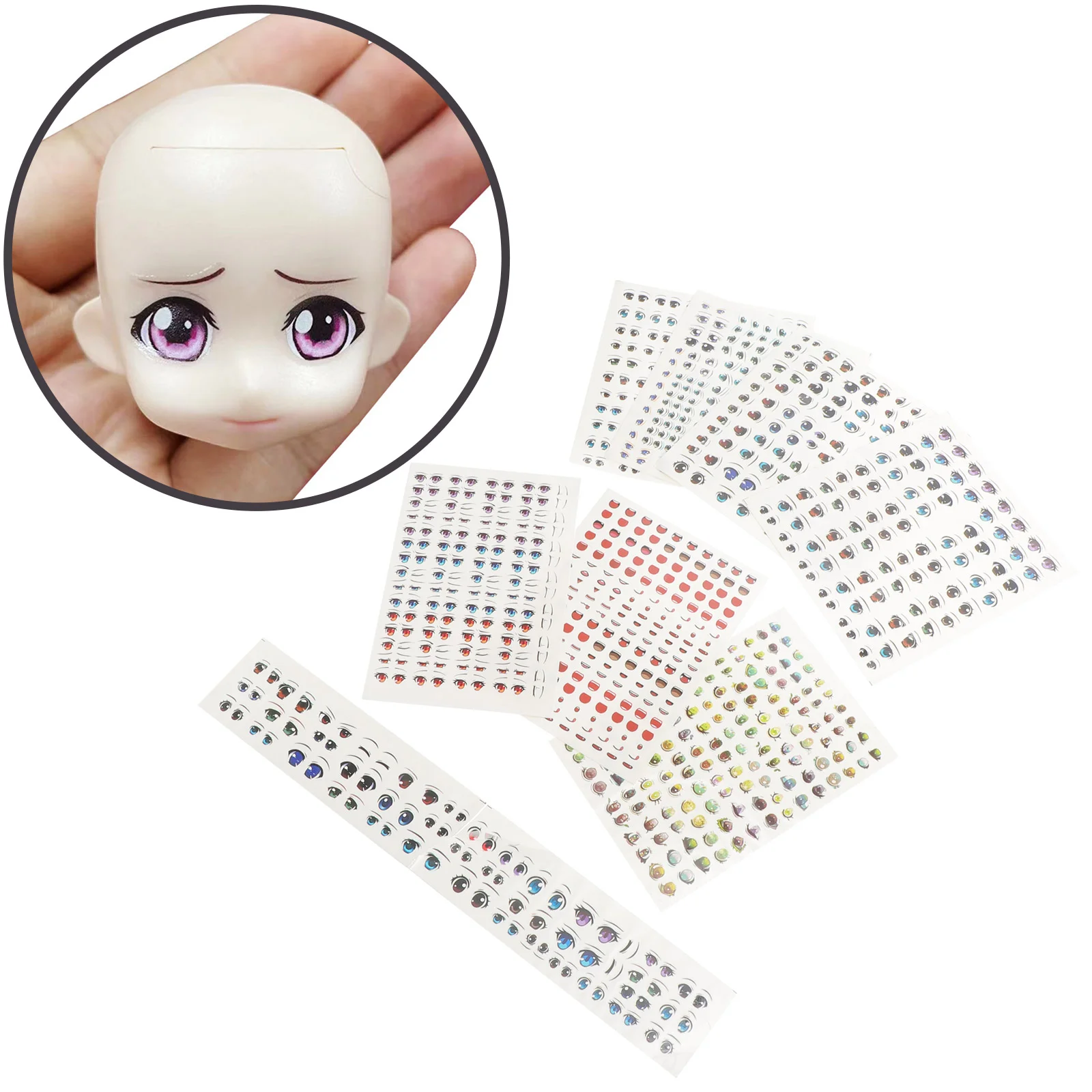 8 Sheets Makeup Stickers Water Eyes and Eyebrow Shaped DIY Colored Decals Face Cartoon Child