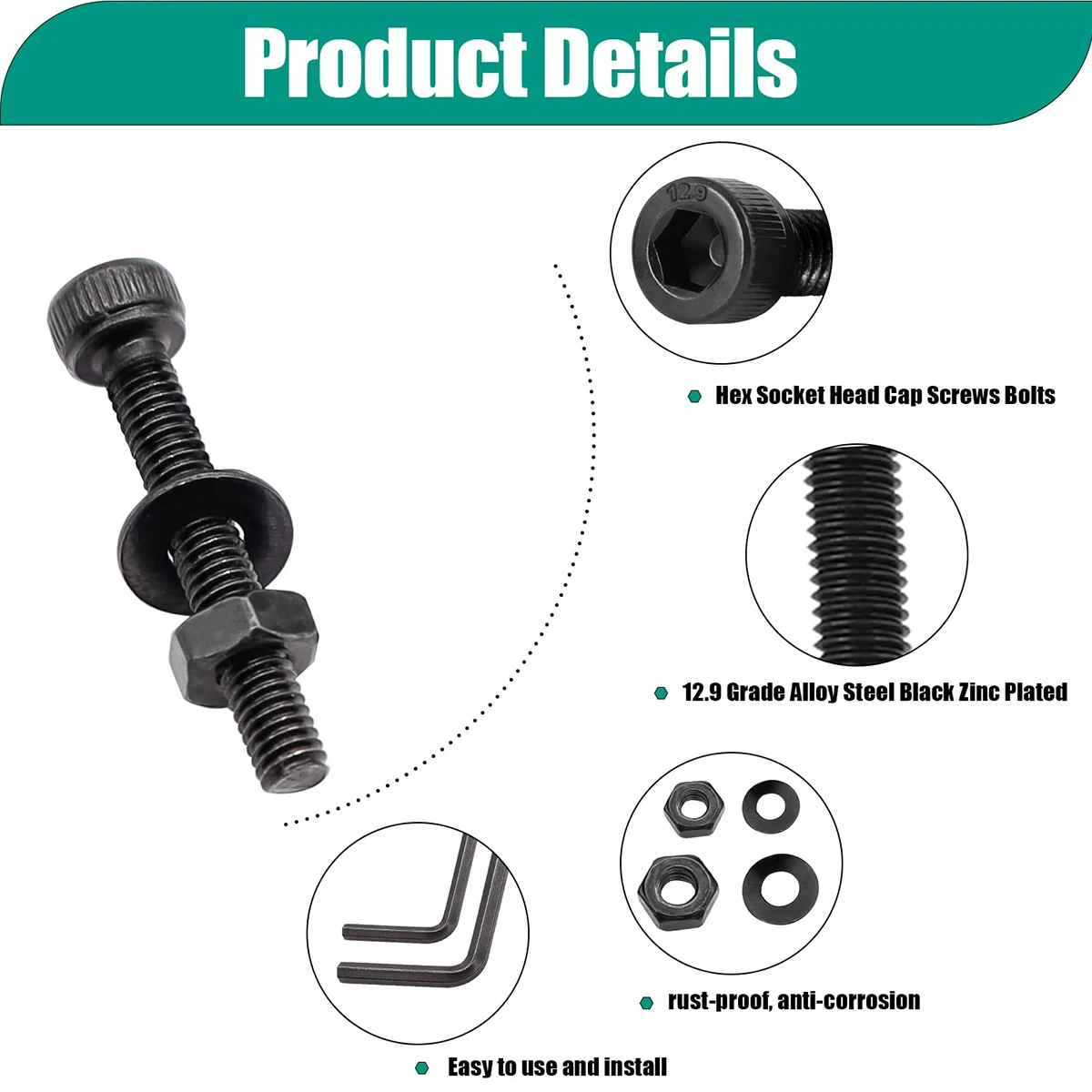 450 PZ 12.9 Grado In Lega di Acciaio M3 M4 x6/8/12/16/20mm Kit Vite Esagono Incassato Vite Esagonale Combinazione Dado e Rondella