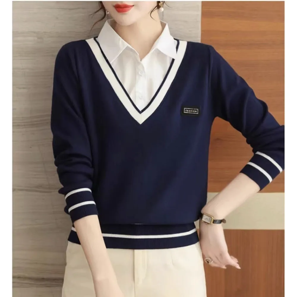 2024 New Spring Shirt Collar Knitted Sweater Women Fashion Fake Two Pieces Sweater Pullovers Korean Chic Tops Female Knitwear