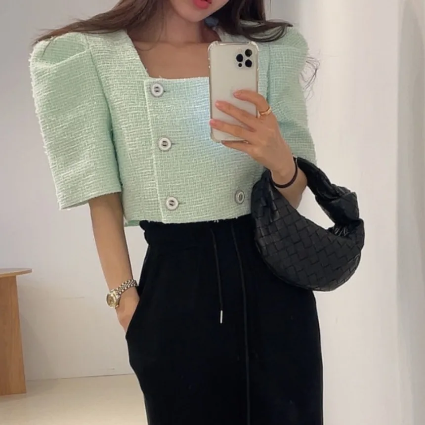 Women's Summer Elegant Square Neck Puff Sleeve Short Jacket Lady Short Sleeve Double Breasted Tweed Outwear