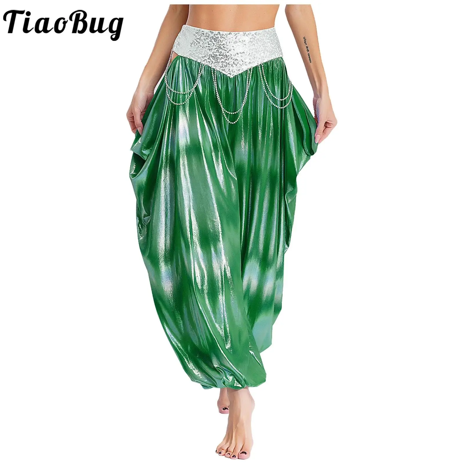 

Women Metallic Belly Dance Cosplay Princess Costume Pants Sparkling Sequins Waistband Rhinestone Chains Bellydance Bloomers