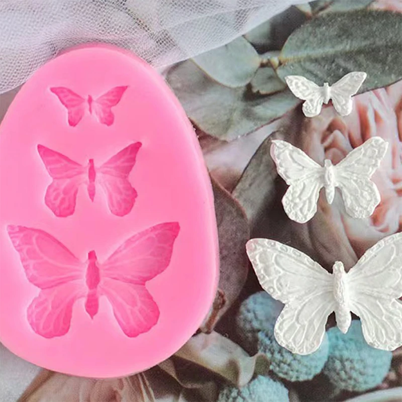 Molde de silicona de tres mariposas para jabón hecho a mano, decoración de pasteles DIY, herramienta para hornear encaje de chocolate