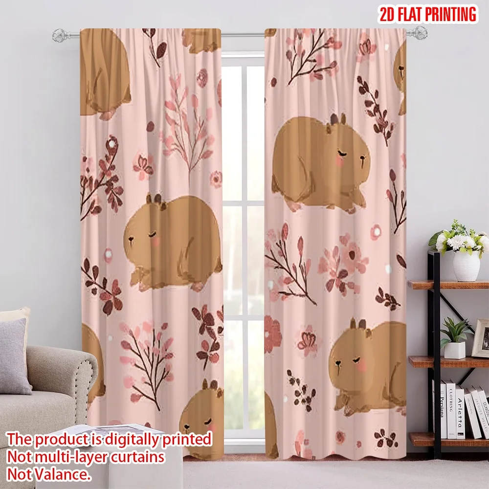 2D flat printing 2pcs Window Curtains Cute Capybara 100% Polyester Without Electricity Versatile Use for room decor aesthetic