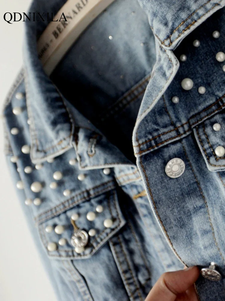 2024 Autumn Trendy Women\'s Pearl-Studded Denim Jacket Korean Fashion Streetwear Outfits Plus Size Chic Loose Short Jean Jacket
