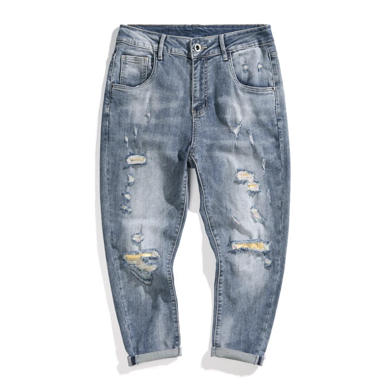 

Ripped Jeans Men Blue Stretch Capris Pants Distressed Frayed Mens Jeans Pants Ankle Length Trousers Begger Destroyed Baggy Pants