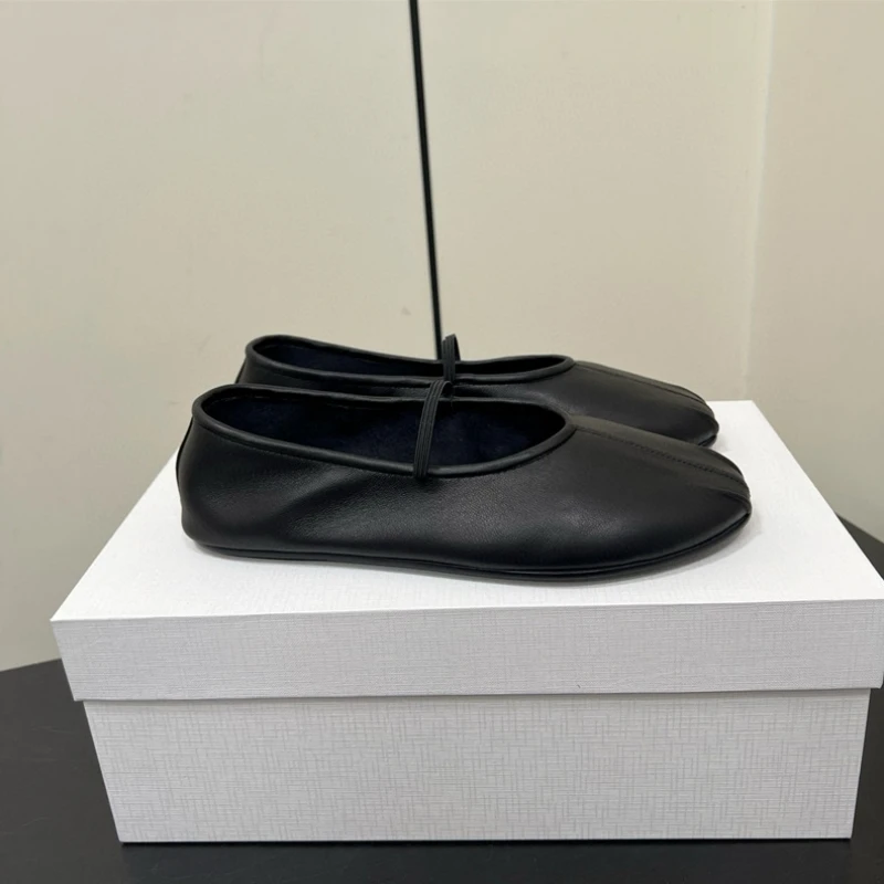 25 year new niche genuine leather round toe retro shallow mouth flat bottom elastic one string dancing shoes grandma shoes