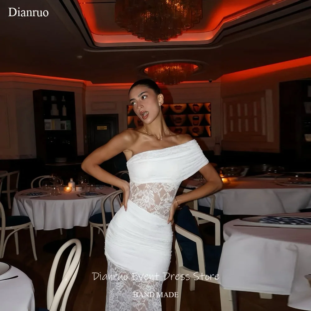 Dianruo Sexy See Through Bridal Wedding Dress Ruched Vestido De Noiva Lace Asymmetrical One Shoulder Evening Dresses Customized