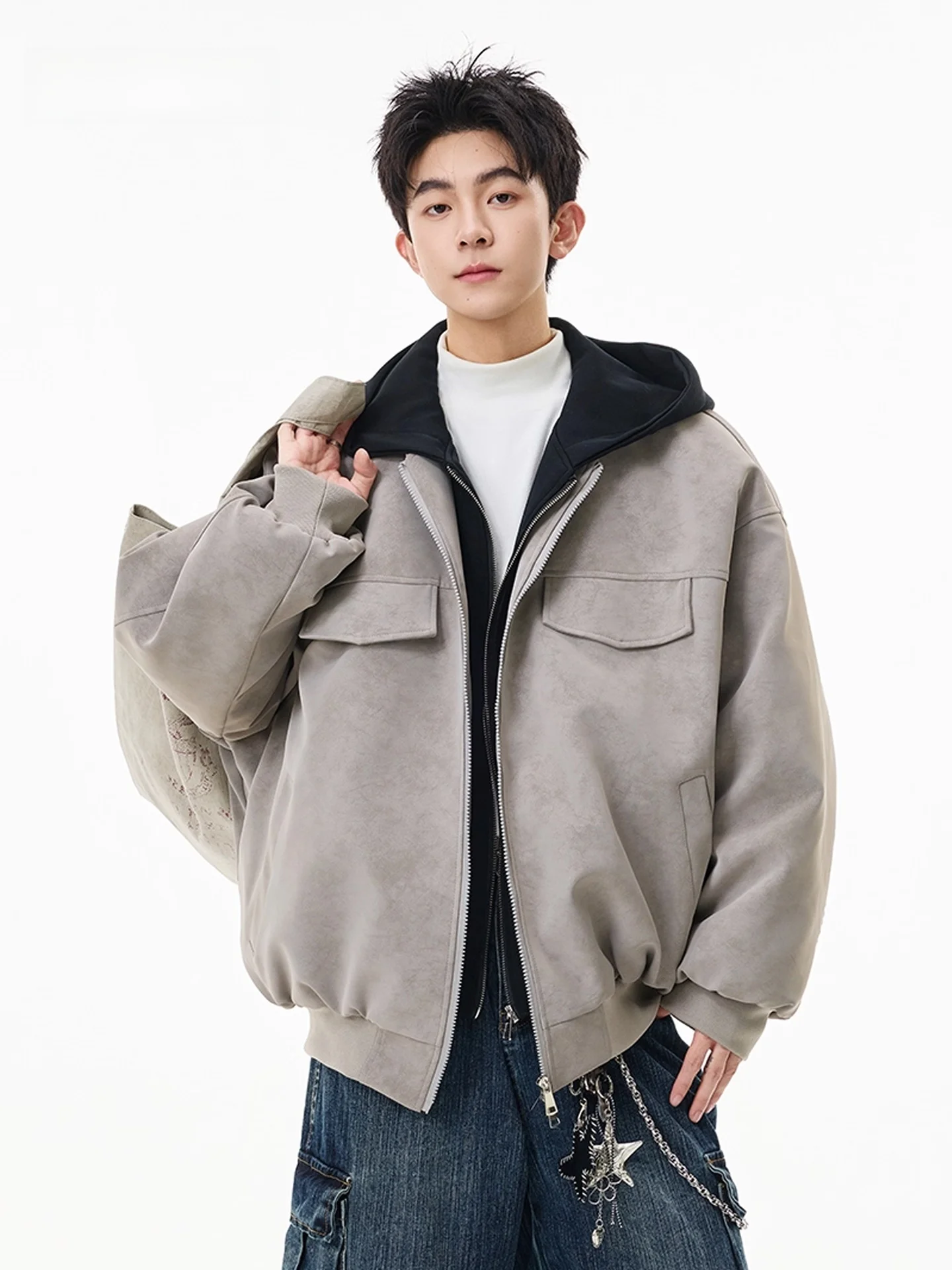 アメリカン スレ ティエンド PU レザー フード付きコットン ジャケット メンズ 冬 ファッション ルーズ ダブルジッパー 暖かいコート トレンディ ユース カジュアル