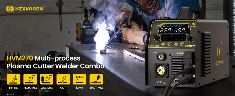 6 in 1 Welding Machine HZXVOGEN HVM270 Gas MIG Gasless MIG HF TIG MMA Plasma Cut Digital LED Screen IGBT Inverter 2T/4T