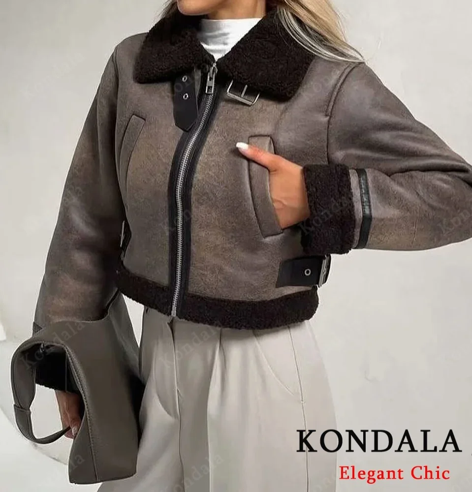 

KONDALA-женская двусторонняя куртка в стиле ретро, пальто с круглым воротником на молнии, плюшевое коричневое пальто, новинка 2025, осень-зима, очаровательное короткое пальто в стиле ретро