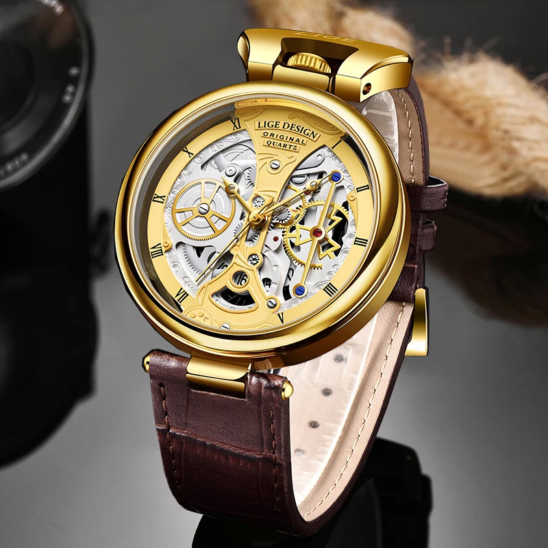 

LIGE 2024 Fashion Leather Watch Men Casual Sports Waterproof Military Chronograph Quartz Wristwatches Top brand Luxury Men Watch