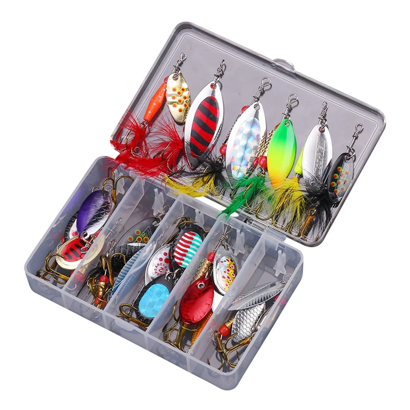 

20pcs Hard Metal Spinner Lures Baits for Bass Trout Salmon Fishing with Tackle Box Feather Rooster Tail Fishing Lures Kit