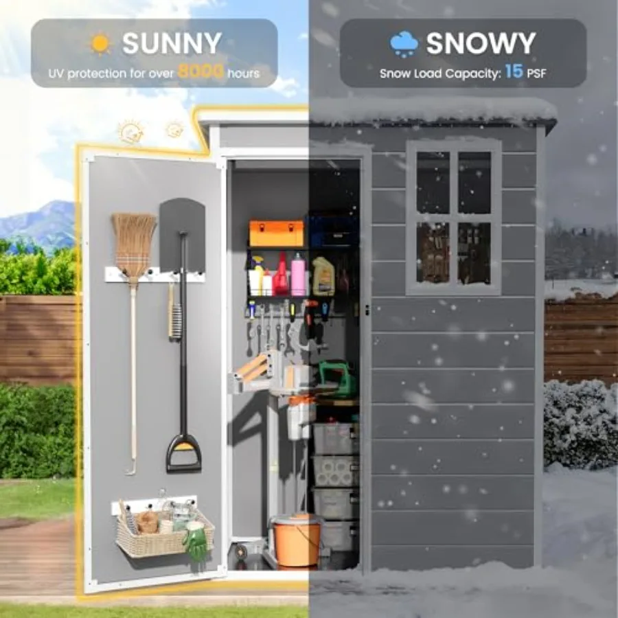 Outdoor storage shed with floor, lockable plastic tool shed in grey resin for backyard, patio, lawn, and bike storagewaterproof