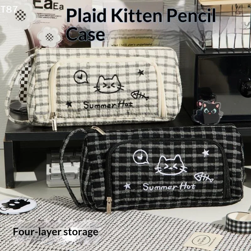 Pencil Bag Back To School Supplies Cute Cartoon Cat Embroidery Pencil Case Large Capacity Student Stationery Storage Bag