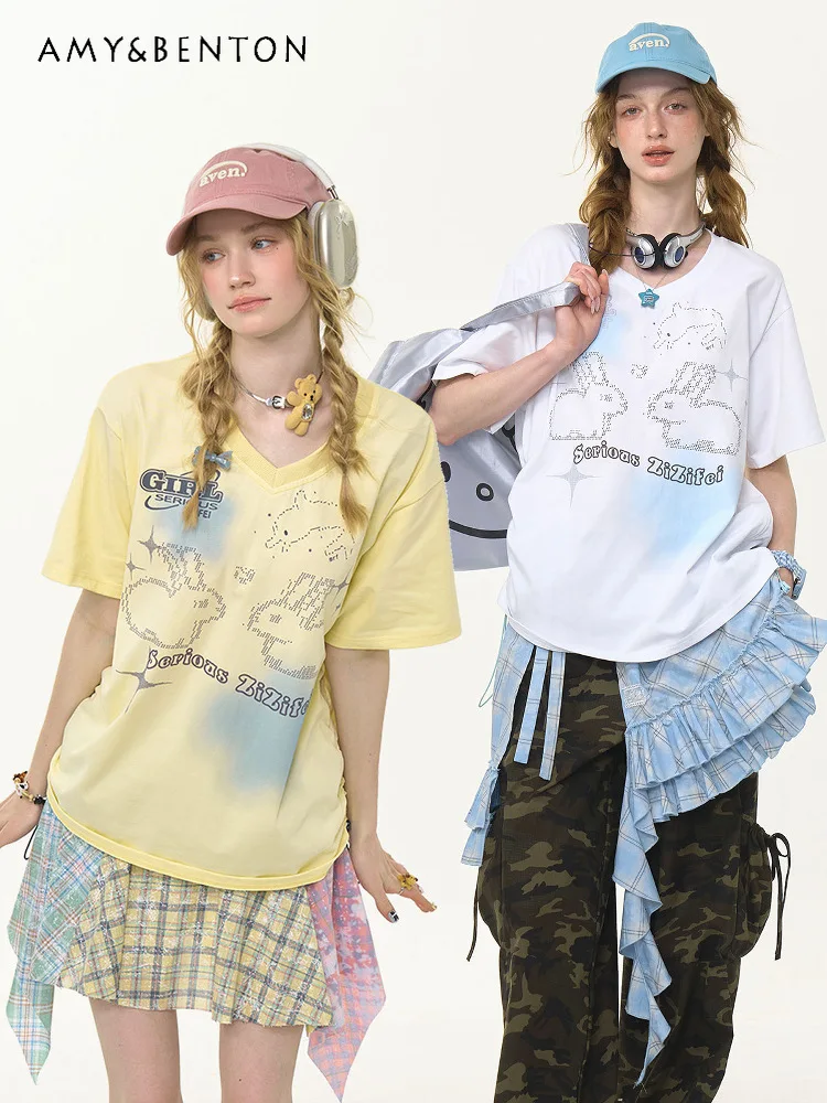 

2025 Summer New American Style Retro Design Drawstring Loose Rabbit Print V-Neck Short Sleeve Cotton Women's T-Shirt