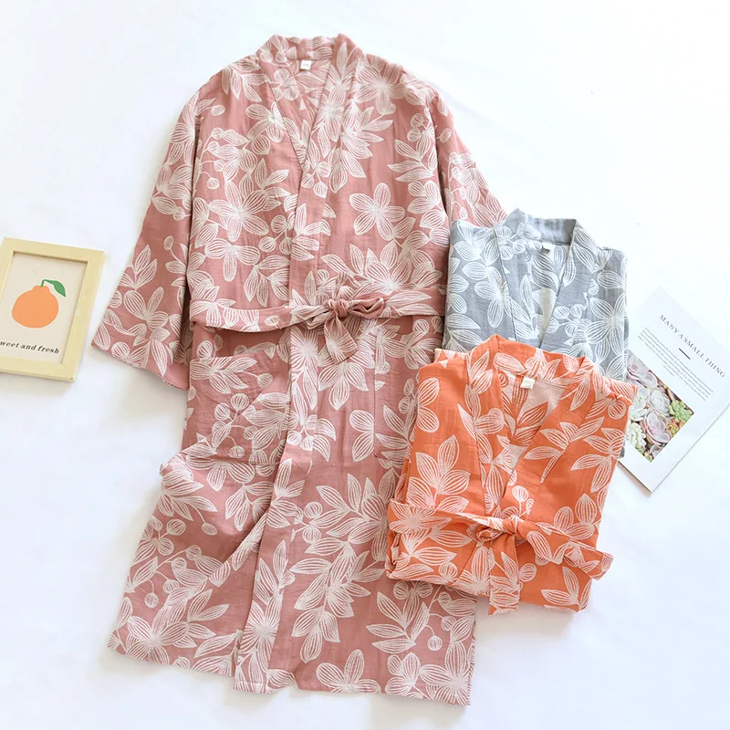 

Pure Cotton Kimono Yukata Women's Soft Shower Robe Print Flower Bathrobe Nighty Double-Layer Gauze Nightgown Sleepwear