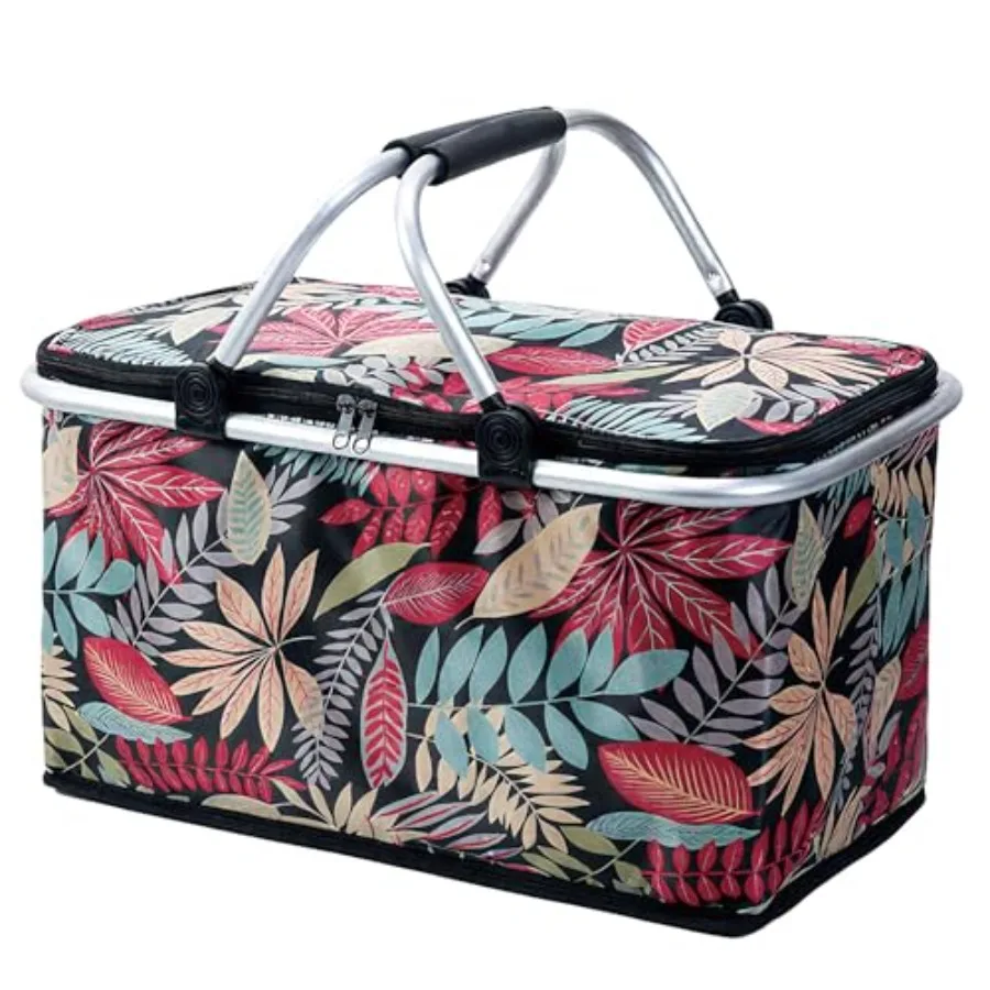 Insulated Picnic Basket for 2, Collapsible Shopping Baskets with 29L Large Market Basket with Handles, Folding Grocery Basket I