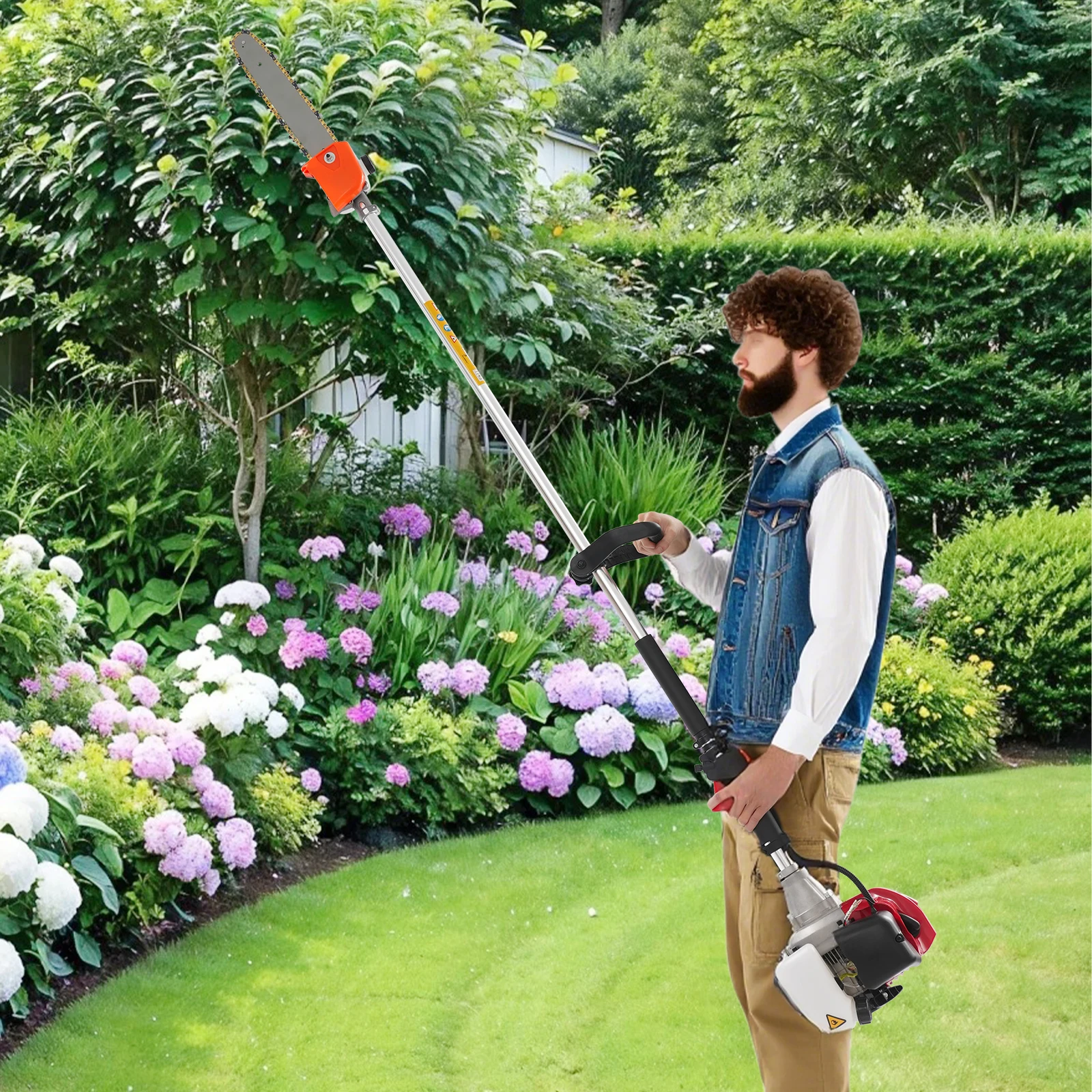 

1.25kW Pole Pruning Chainsaw Manganese Steel Aluminum Material 1.5m Pole Length 8500rpm Speed 4.7kg Weight Garden Pruning Tool