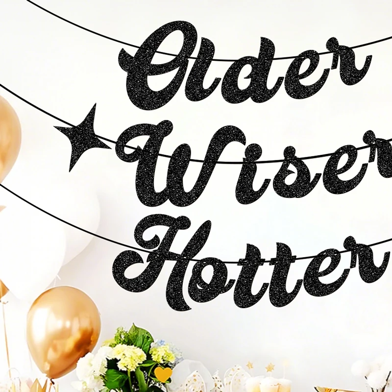 YOMDID Glitzer-Banner „Older Wiser Hotter“ mit Sternen, Geburtstagsparty-Banner für Halloween, Weihnachten, Innen- und Außendekorationen – Detail 11