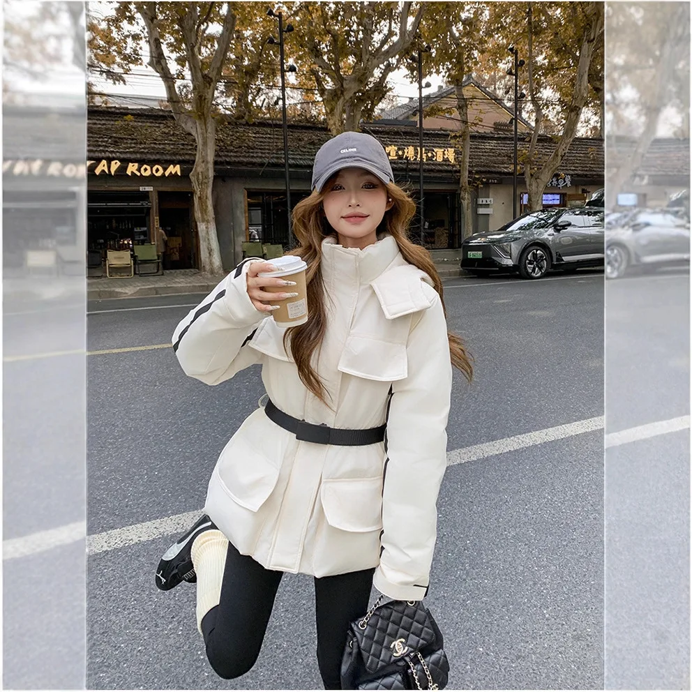 

2025 New Warm Winter Outdoor Jacket For Women Casual With Belt Parkas Overalls Clothes Hooded Padded Parkas Lovers' Winter Coat