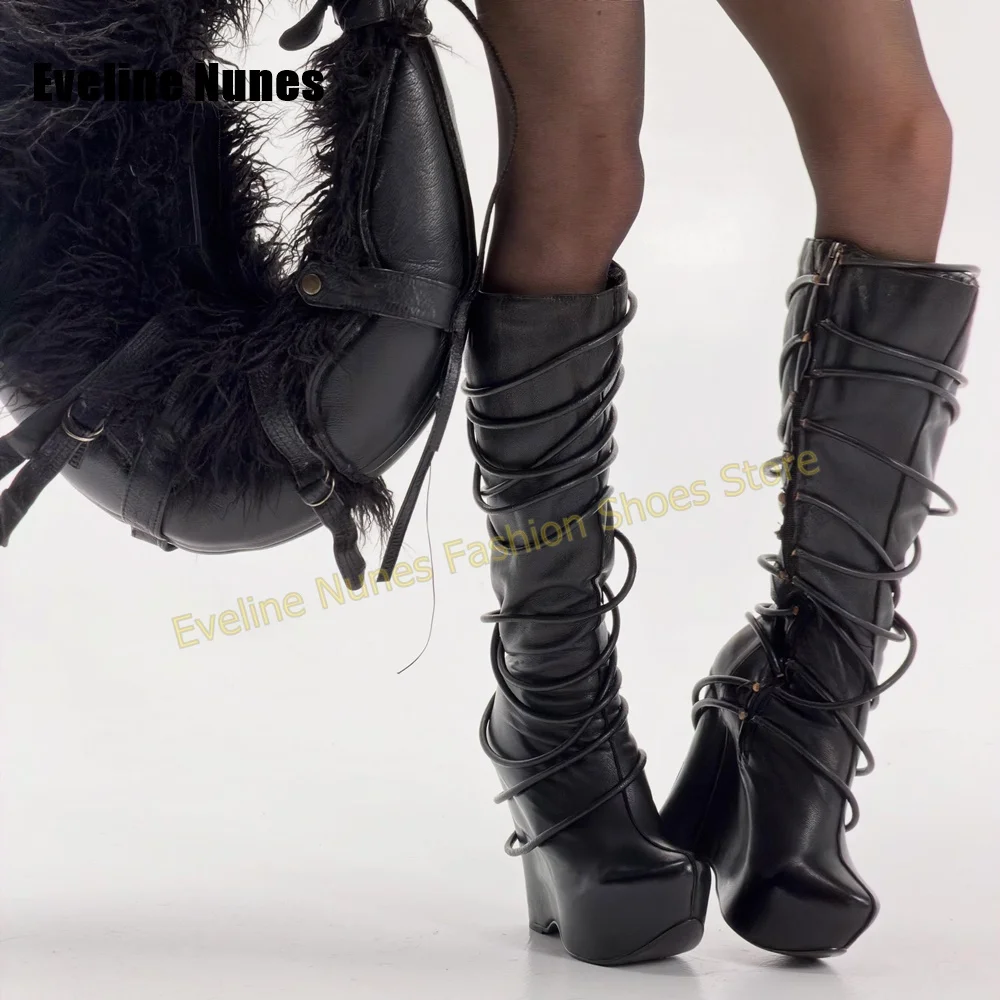 Wrap Around Lace Up Wedge Boots Round Toe Punk Y2K Spicy Girl Patchwork Knee High Boots 2026 Street Style New Arrivals Summer