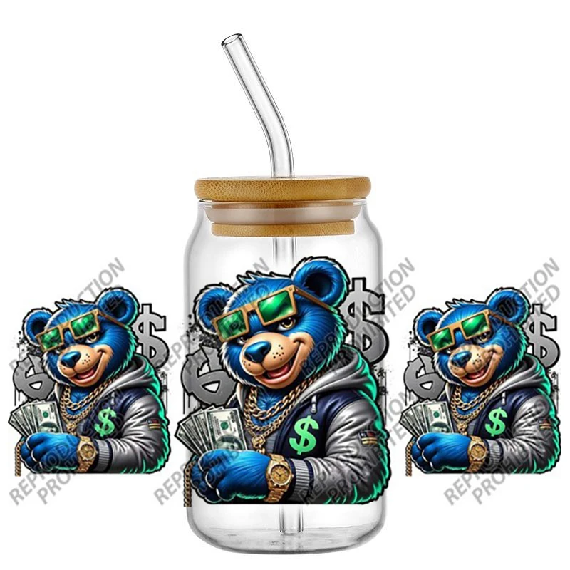

New Graffiti Cartoon Money Bear UV DTF Cup Wraps for 16oz Glasses Cups Waterproof UVDTF Phone Transfer Sticker DIY Mug Wrap Gift