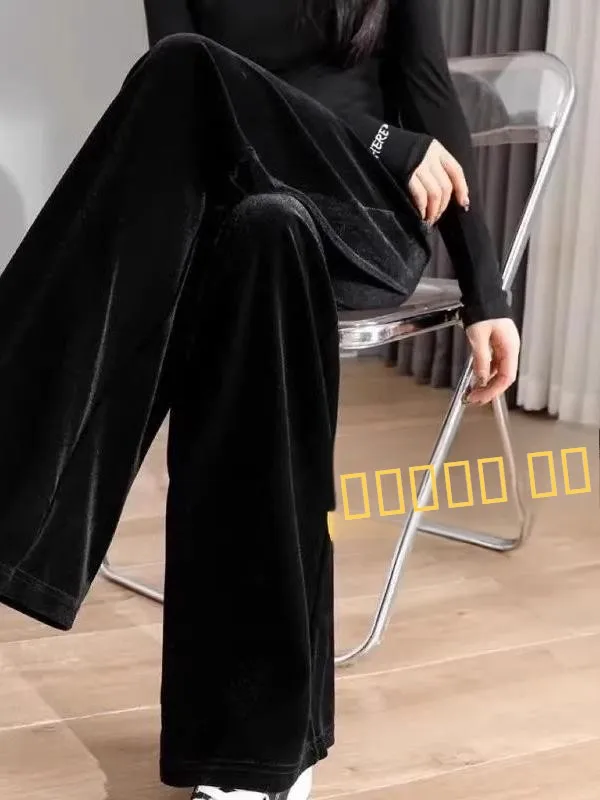 

Women's Gold Velvet Wide Leg Pants Autumn Winter Straight Casual High Waist Drapey Trendy plus Size Pear Straight